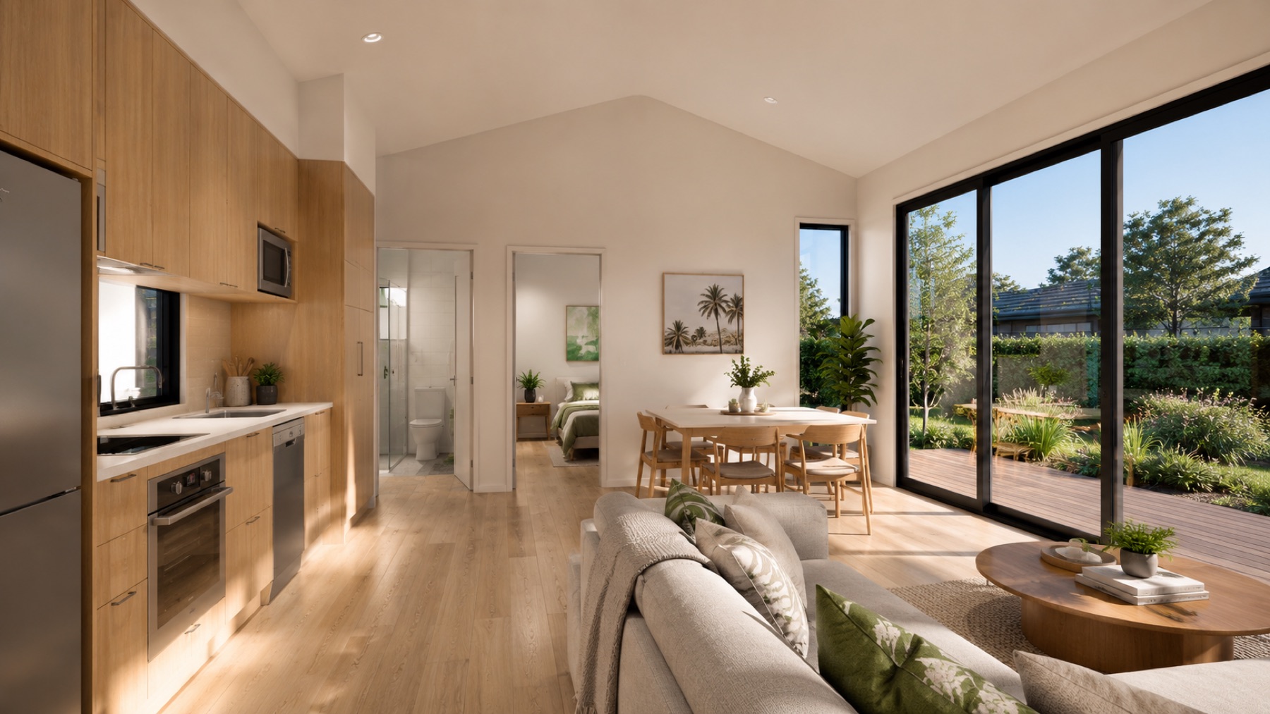 Open kitchen, dining and living under the raked ceiling