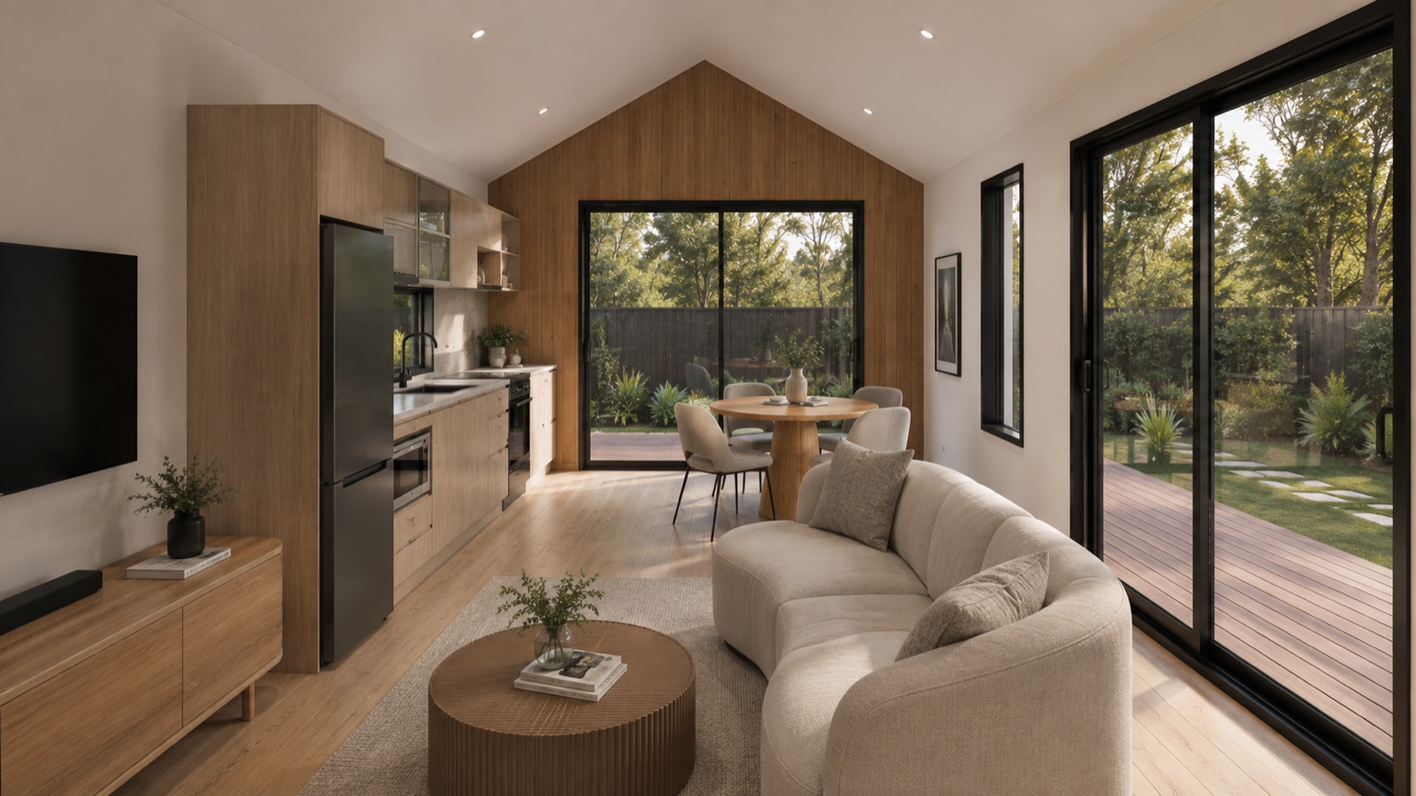 Open living and kitchen under the raked ceiling
